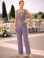 abordables Costumes-pantalons pour maman-Tailleur pantalon longueur sol Robe de la mère de la mariée À manches longues Col bijou Élégante Simple Invitée à un mariage avec couleur unie