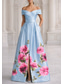 preiswerte A-Linie Abendkleider-A-Linie Bodenlang Abendkleid Elegant Blumen Kurzarm Schulterfrei Gartenparty Hochzeit Tasche Satin mit Blumenmuster