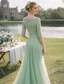 abordables Longueur du plancher-Ligne A Traîne Balayage Robe d'invité de mariage Robe de Cérémonie Robe de soirée Robe de Mère de Mariée  Demi Manches Col en V Élégant Fête de mariage Dentelle Tulle Non avec Volants Appliques
