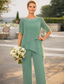abordables Trajes de pantalón de mamá-Traje de pantalón de longitud completa. Vestido de la madre de la novia. Vestido formal elegante sencillo para invitada de boda con mangas cortas y escote cuadrado en color sólido.