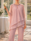baratos Terninhos de calça da mamãe-Duas Peças Terninho Longo Vestido Para Mãe dos Noivos Manga 3/4 Decorado com Bijuteria Elegante Convidado do casamento Festa de Noivado Chiffon com Miçangas Franzido