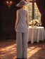 abordables Costumes-pantalons pour maman-Combinaison Tailleur-Pantalon Trois Pièces Longueur au sol Robe de Mère de Mariée  manche longue Col ras du cou Élégant robe demoiselle d honneur Fête de fiançailles Chiffon avec Volants