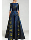 abordables Robes de Soirée en A-Robe de soirée A-Line en jacquard bleu robe formelle élégante mariage formel longueur de sol manches courtes décolleté en V nylon avec fente et poche