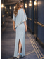 voordelige Vloerlengte-Strand Bruiloft Sheath Bruidsmoeder Jurk Bruiloft Gast Elegant Sprankel  Glans Juweel Hals Enkel Lengte Chiffon 3/4 Lengte Mouw met Sequins Split Voorzijde gratis maat op maat
