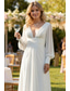 cheap Little White Dresses-A-Line Floor Length White Dress Little White Dress Elegant Open Back Long Sleeve V Neck Wedding Chiffon V Back with Ruched