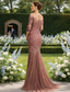 preiswerte Meerjungfrau Abendkleider-Meerjungfrauenschnitt Bodenlange Schleppe Abendkleid Brautmutterkleid Halbarm Rundausschnitt Elegant Formell Hochzeitsgast Spitze Tüll mit Applikationen