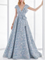 billiga A-linje kvällsklänningar-A-linje Golvlång Kvälls klänningar Balklänning Formell klädsel Elegant Blommig Hög split Kortärmad V-hals Bröllop Formell Ficka Jacquard Djupt ringad rygg med Blomtryck Rosett(er) Ficka