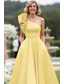preiswerte Knöchellänge-A-Linie Knöchellänge Partykleid Cocktailkleid Kleid für Hochzeitsgäste Brautmutterkleid Kappenärmel Ein-Schulter Elegant Satin mit Rüschen