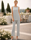 abordables Trajes de pantalón de mamá-Traje de pantalón Traje de 3 piezas Hasta el Suelo Vestido de Madrina Sin Mangas Camiseta con cuello redondo Elegante Invitado a la boda Gasa Encaje Bolero incluido con Lentejuela
