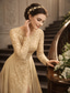 billige Gulvlengde-A-linje Gulvlengde Gjestekjole til bryllup Formell kjole Aftenkjole Kjole til brudens mor Langermet Besmykket Elegant Bryllupsgjest Formell kveld Chiffon Blonder Paljetter med Delt front Ruchiing