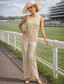 abordables Trajes de pantalón de mamá-Traje de pantalón Hasta el Suelo Vestido de Madrina Manga 3/4 Joya Elegante Formal Invitado a la boda Gasa Encaje con Cuentas Apliques