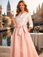 preiswerte Bodenlänge-A-Linie Bodenlang Hemdblusenkleid Kleid für Hochzeitsgäste Abendkleid Brautmutterkleid Dreiviertelarm Hemdkragen Niedlich Minimalistisch Formeller Abend Taft mit Schleife(n) Spleißen