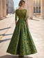 baratos Vestidos de Festa em A-Linha A Longo Vestidos de noite Elegante Floral Split alta Meia Manga Decote V Festa de Jardim Casamento Cetim Tafetá Costas Degagê com Estampa floral Fenda Bolsos