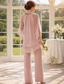 baratos Terninhos de calça da mamãe-Duas Peças Terninho Longo Vestido Para Mãe dos Noivos Manga 3/4 Decorado com Bijuteria Elegante Convidado do casamento Festa de Noivado Chiffon com Miçangas Franzido