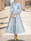 abordables Robes de cocktail-Ligne A Longueur thé Robes de Cocktail Élégant ancien Floral Manche 3/4 Col en V Fête de jardin Mariage Poche Satin Jacquard avec Imprimé floral Plis Poche
