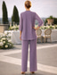 abordables Costumes-pantalons pour maman-Tailleur pantalon longueur sol Robe de la mère de la mariée À manches longues Col bijou Élégante Simple Invitée à un mariage avec couleur unie