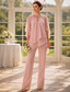baratos Terninhos de calça da mamãe-Duas Peças Terninho Longo Vestido Para Mãe dos Noivos Manga 3/4 Decorado com Bijuteria Elegante Convidado do casamento Festa de Noivado Chiffon com Miçangas Franzido