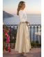 abordables Vestidos de cóctel-Dos Piezas Vestido Midi Vestidos de coctel Vestidos de fiesta Elegante Bloque de Color Manga Larga Escote en Pico Boda Ropa de fiesta Satén con Plisado
