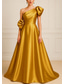 abordables Robes de Soirée en A-Ligne A Longueur au sol Robe de Soirée Tenue de soirée Élégant Sans manches Une Épaule Mariage Formel Poche Satin avec Plis Fleur d'Épaule