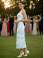 billiga Långa klänningar och gowns-A-linje Åtsmitande Telång Bröllopsgästklänning Formell klädsel Aftonklänning Balklänningar Elegant Ärmlös Axelbandslös Bal Formell Jacquard Djupt ringad rygg med Blomtryck