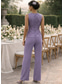 abordables Trajes de pantalón de mamá-Traje de pantalón Hasta el Suelo Vestido de Madrina Manga Larga Camiseta con cuello redondo Elegante Sencillo Invitado a la boda Noche formal Fiesta de Boda con Apliques Un Color