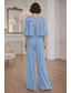 billige Mammas jumpsuits-Linjeform Buksedrakt Gulvlengde Kjole til brudens mor Halvlange ermer Crew-hals Elegant Enkel Fritid Formell Bryllupsgjest Bryllupsfest Chiffon Sjale med 3D-blomster Perlearbeid Appliqué
