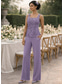 abordables Trajes de pantalón de mamá-Traje de pantalón Hasta el Suelo Vestido de Madrina Manga Larga Camiseta con cuello redondo Elegante Sencillo Invitado a la boda Noche formal Fiesta de Boda con Apliques Un Color