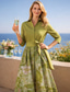 abordables Longueur du plancher-Ligne A Longueur au sol Robe Chemise Robe d'invité de mariage Robe de Cérémonie Robe de Mère de Mariée  manche longue Col de chemise Élégant ancien Mariage Formel Nylon avec Imprimé floral Noeud(s