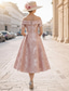 ieftine Lungimea ceaiului-Linia -A Lungimea ceaiului Rochie pentru invitata de nunta Rochie formala Rochie Derby Rochie Mama Miresei Manșon scurt De Pe Umăr Elegant Pastel Oficial Jaquard cu Pliuri