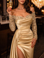 abordables Robes de soirée fourreau-Sirène Trompette Traîne Courte Robes de Bal Robe de Soirée Tenue de soirée Éclat &amp; Brillance Sexy Fente Haute manche longue Épaules Dénudées Formel robe demoiselle d honneur Réception de mariage