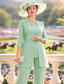 cheap Mom's Pant Suits-Jumpsuit Pantsuit 3 Piece Floor Length Mother of the Bride Dress 3/4 Length Sleeve Scoop Neck Elegant Formal Wedding Guest Chiffon Lace Sequined with Lace Sequin