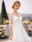 abordables Petits robes blanches-Ligne A Mi-long Robes de mariée Robes pour enterrement de vie de jeune fille robe de mariée Petites Robes Blanches Demi Manches Col en V Remise des Diplômes Anniversaire Chiffon Dentelle avec Drap