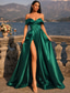 preiswerte Empire-Waist-Abendkleider-A-Linie Bodenlang Abiballkleider Abendkleid Ballkleid Festliche Kleidung Promi-Stil Smaragdgrün Sexy Kurzarm V Ausschnitt Abschlussball Herbsthochzeitsgast Satin mit Schlitz