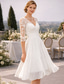 abordables Petits robes blanches-Ligne A Mi-long Robes de mariée Robes pour enterrement de vie de jeune fille robe de mariée Petites Robes Blanches Demi Manches Col en V Remise des Diplômes Anniversaire Chiffon Dentelle avec Drap
