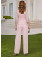 cheap Mom's Pant Suits-Two Piece Jumpsuit Pantsuit Pantsuit Floor Length Mother of the Bride Dress 3/4 Length Sleeve V Neck Elegant Simple Casual Formal Wedding Guest Chiffon with Lace Embroidery Appliques