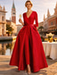 baratos Vestidos de baile-Duas Peças Macacão Longo Destacável Vestidos de noite Elegante Manga Longa Decote V Casamento Convidado do casamento Bolsos Tecido Que Estica com Tulipa