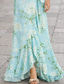billige Havfrue Kveldsdrakter-A-linje Havfrue Gulvlengde Kveldskjoler Elegant Årgang Blomster Langermet Høyhalset Hage fest Bryllup Chiffon med Blomstertrykk Drapert
