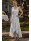ieftine Seturi de rochii pentru mama-Două Piese Linia -A Lungimea ceaiului Rochie pentru invitata de nunta Rochie Mama Miresei Fără manșon Lungime Manșon 3/4 În V Elegant Simplu Oficial Kentucky Derby Semi formal Organza Jaquard Rochii