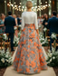 cheap A-Line Evening Dresses-A-Line Floor Length Evening Gown Elegant Daily Floral 3/4 Length Sleeve V Neck Wedding Formal Chiffon Satin with Floral Print 3D Flowers Ruched