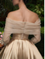 baratos Vestidos de Cocktail-De Baile Linha A Até o Tornozelo Vestidos de cocktail Vestidos de festa Elegante Vintage Manga Longa Ombro a Ombro Casamento Formal Destacável Cetim com Xale
