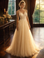 abordables Vestidos Largos &amp; Gowns-Corte A Hasta el Suelo Trajes de gala Brillos Y Estrellas Espalda Abierta Sin Mangas Escote en Pico Fiesta de baile Formal Tul V Atrás con Cuentas Apliques