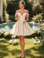 ieftine Rochii scurte și mini-Linia -A Scurt Mini Rochii de bal Elegant Plus Size Mica Rochie Albă Manșon scurt În V Nuntă Petrecere cu cocktail Recepție de nuntă de toamnă Dantelă cu Broderie
