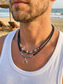 abordables Bijoux pour hommes-Collier double rang pour homme, style bohème, en alliage &amp;Cordon en cuir et matières mixtes, pendentif en croissant de lune, ajustable, idéal pour les vacances à la plage et le quotidien.
