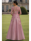 billige A-linje kveldsdrakter-A-linje Gulvlengde Kveldskjoler Formell kjole Elegant Blomster Halvlange ermer Illusjon Hals Hage fest Bryllup Sateng Tyll med Brodert blomst Broderi Appliqué