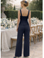 ieftine Costumele cu pantaloni ale mamei-Costum pantaloni lungime până la podea rochie pentru mama miresei cu mâneci lungi decolteu pătrat elegantă invitată la nuntă dantelă cu culoare uniformă