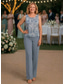 ieftine Costumele cu pantaloni ale mamei-Pantaloni Costum de 3 bucăți Costumul pantalon Lungime Podea Rochie Mama Miresei Fără manșon Lungime Manșon 3/4 Scoateți gâtul Elegant Simplu minimalist Oficial Invitat la nunta Seară Formală Șifon