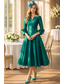 abordables Vestidos de cóctel-Corte A Vestido Midi Vestidos de coctel Vestidos de fiesta Elegante Madre Manga 3/4 Escote en Pico Formal Invitado a la boda Satén con Plisado