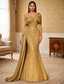 abordables Vestidos de gala-Corte Trompeta Sirena Hasta el Suelo Vestido de gala con capa Vestidos de noche Vestimenta formal Elegante Reluciente Lentejuelas Sin Mangas Hombros Caídos Boda Formal Lentejuelas con Brillante