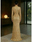 cheap Sheath Evening Dresses-Sheath Column Floor Length Evening Gown Formal Dress Elegant Glittering Sparkle Long Sleeve High Neck Wedding Formal Lace Stretch Satin with Pleats Beaded Eembroidered