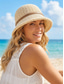 voordelige Dameshoeden-Dames bucket hat van geweven polyester met leren riem, lichtgewicht zomerzonnehoed voor vakantie, strand, casual buitenactiviteiten en dagelijks gebruik.